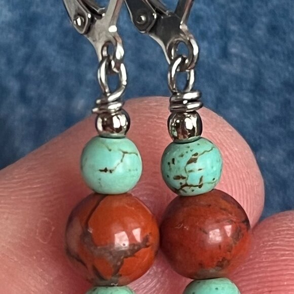 Red Jasper & Turquoise Stone Dangle Earrings, Minimalist Gemstone Small Earrings - Picture 6 of 6
